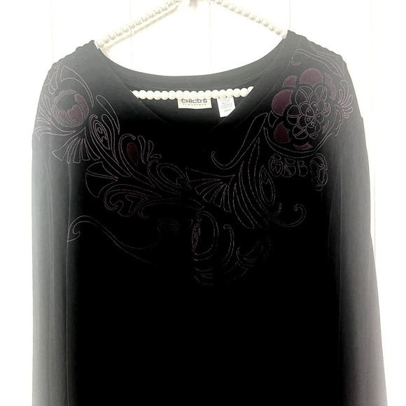Chico's Traveler Black Tunic 3/4 Sleeve V Neck with Plum Floral Design SZ 3/XL - Picture 1 of 8